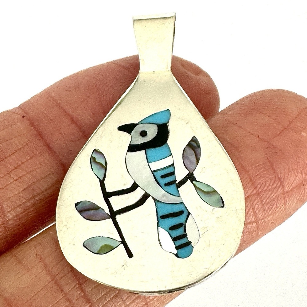Zuni Blue Jay Pendant 1.5in Edaakie Native Amer Inlay Turquoise Sterling Animal